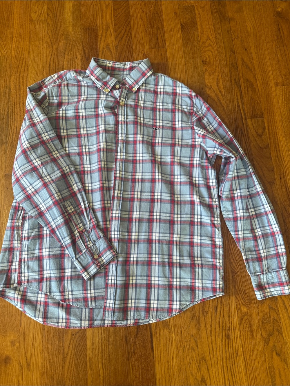 Vineyard Vines Men's Gray and Red Plaid Button-Down Shirt